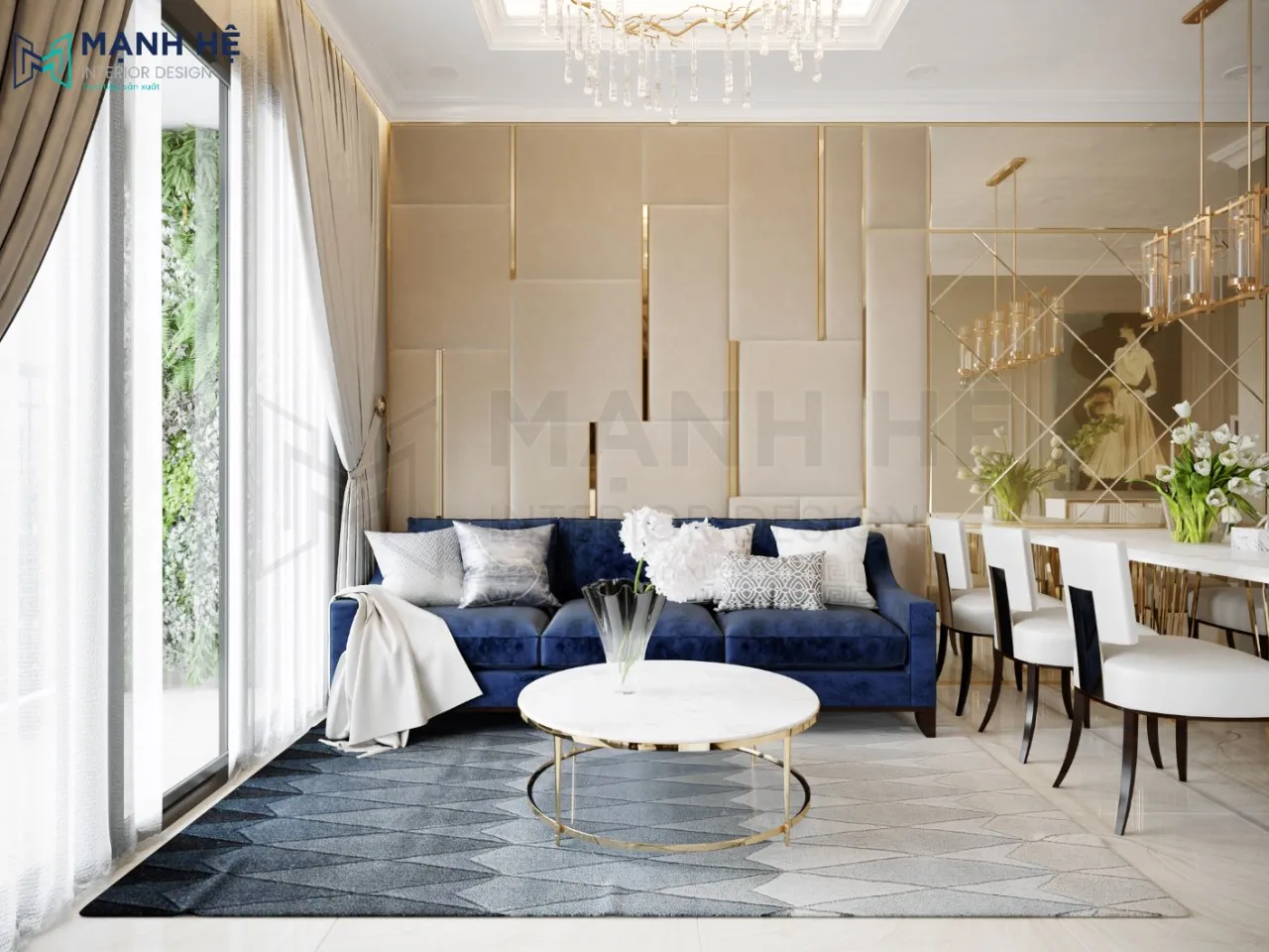 Mảng tường bằng gương theo dạng hình thoi cực ấn tượng kết hợp cùng phần vách ốp nhung với đường phào chỉ làm tăng thêm sự trang nhã cho phòng khách tân cổ điển