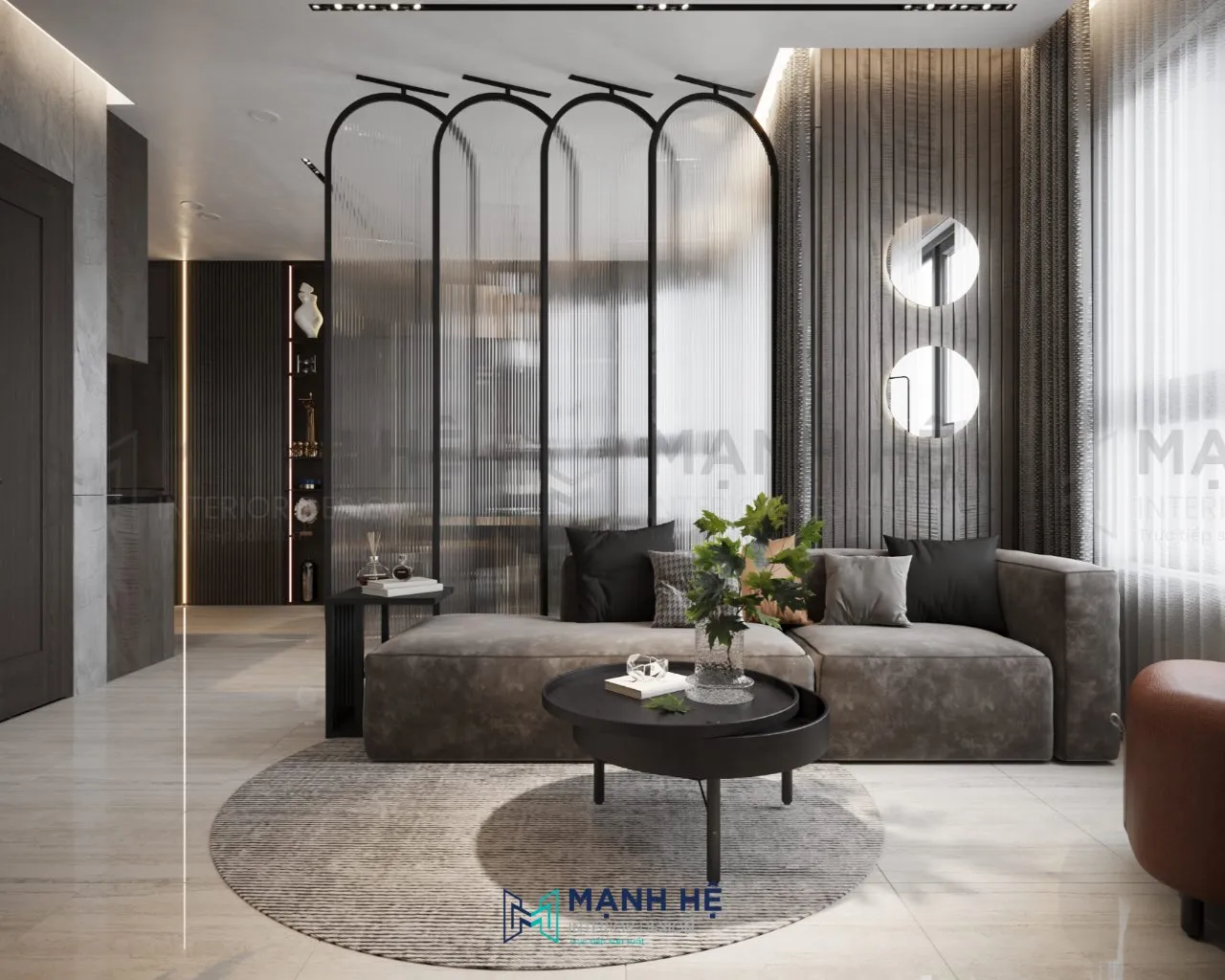 Mẫu hai gương tròn đặt cạnh cửa sổ làm điểm nhấn độc đáo cùng phần vách ốp lam gỗ mang đến vẻ đẹp nhẹ nhàng