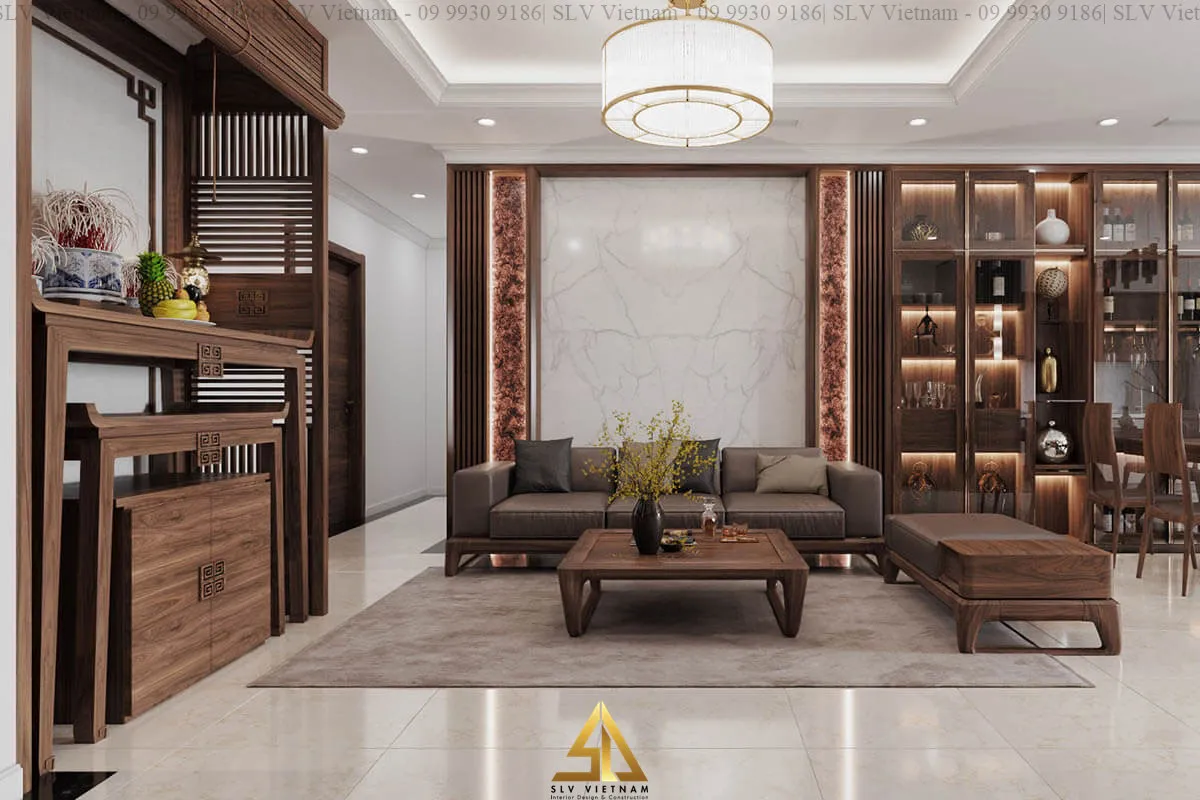 Bàn thờ gỗ cao cấp đặt tại trung tâm phòng khách