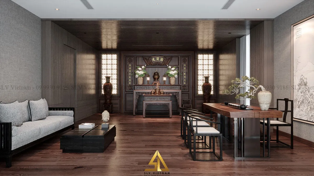 Bàn thờ lớn đặt trong phòng khách cổ điển trang nghiêm (Dự án của SLV Vietnam)
