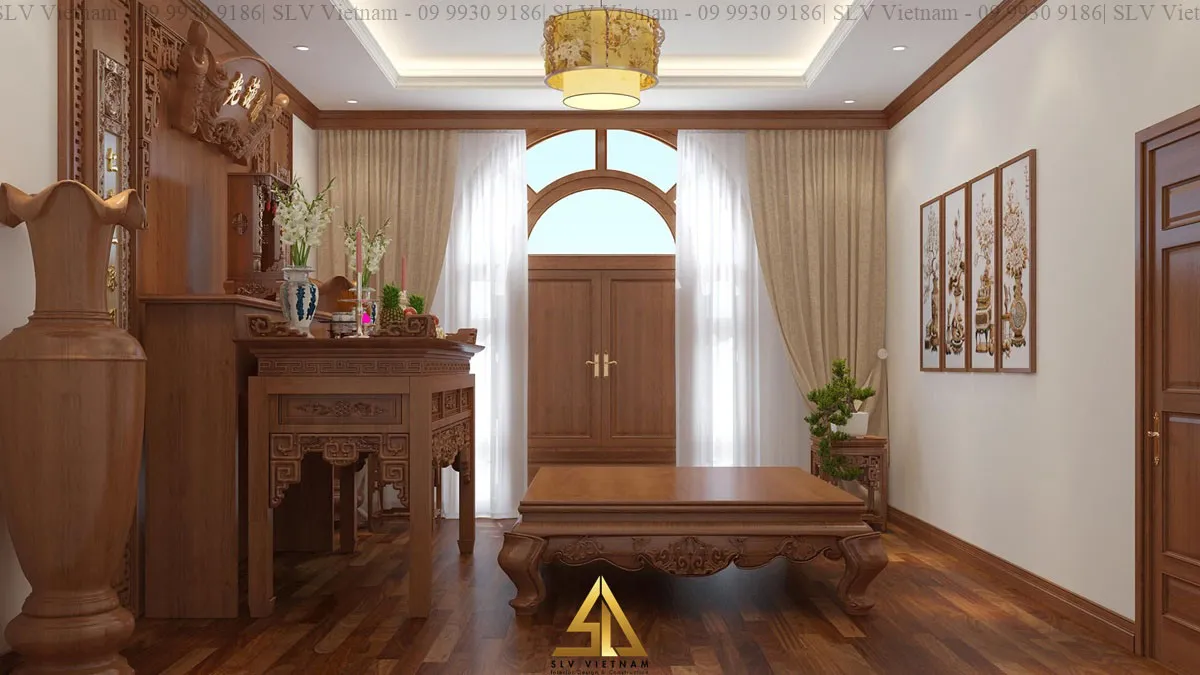 Thiết kế nội thất phòng khách có bàn thờ màu nâu gỗ ấm áp