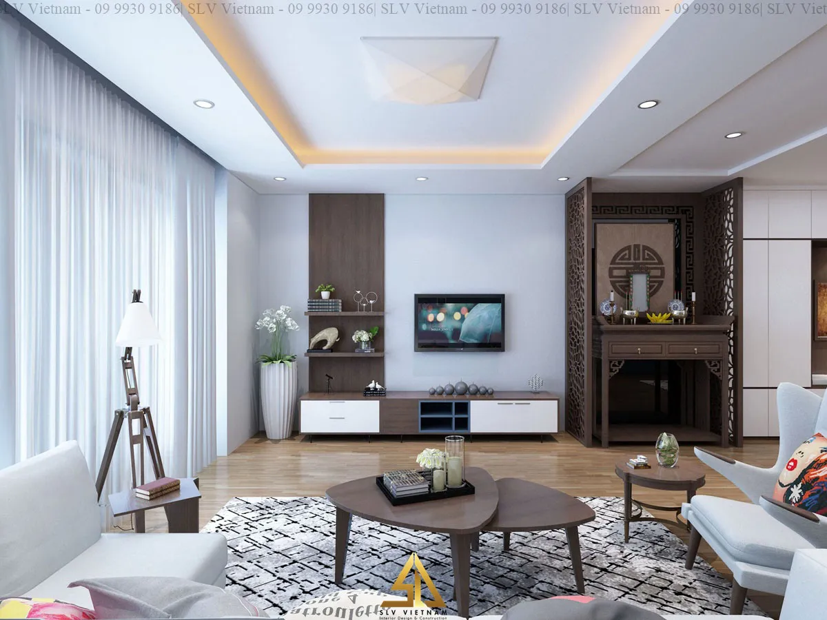 Bàn thờ phòng khách được bố trí đối diện ghế sofa