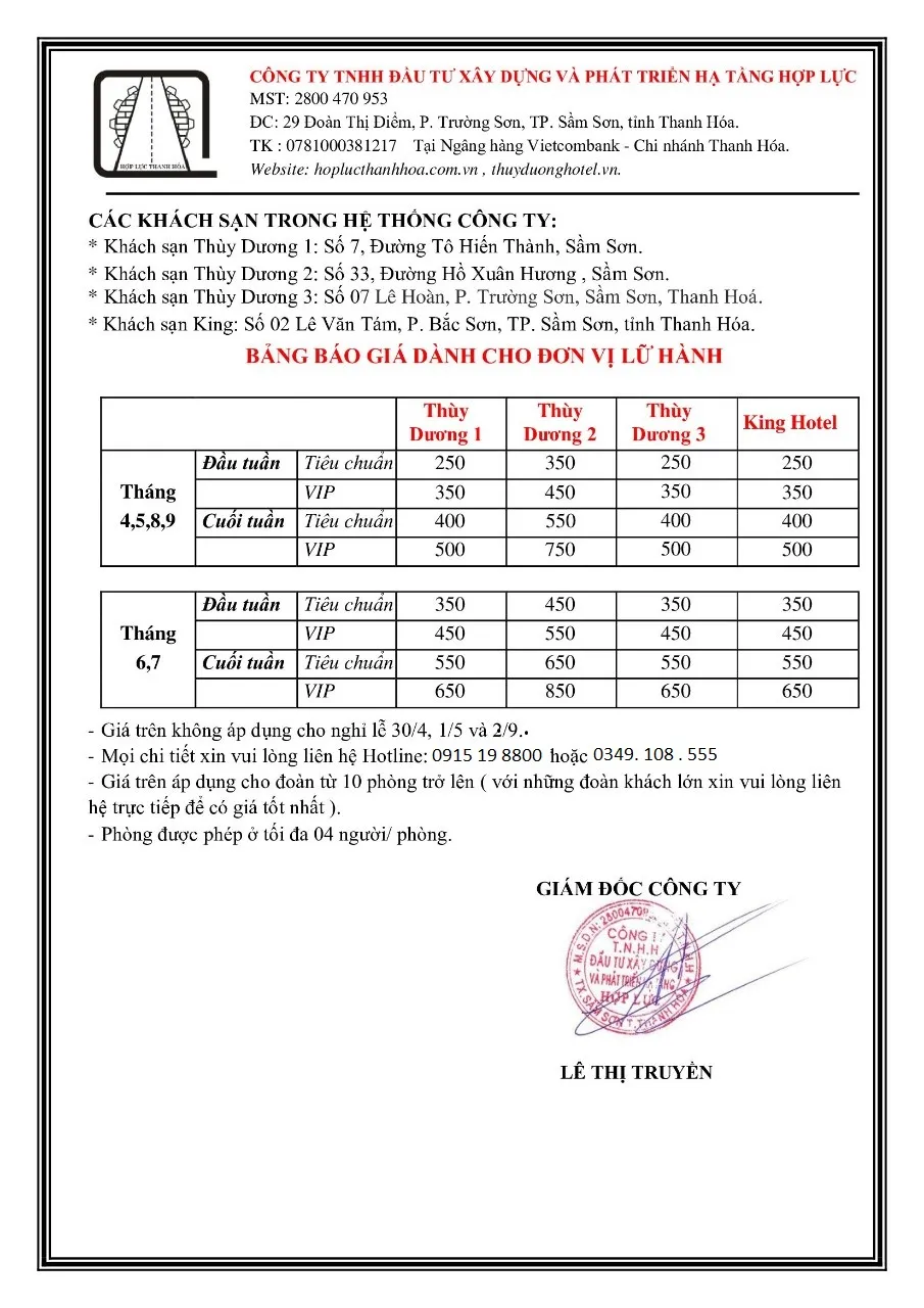 Bảng giá phòng khách sạn Thùy Dương