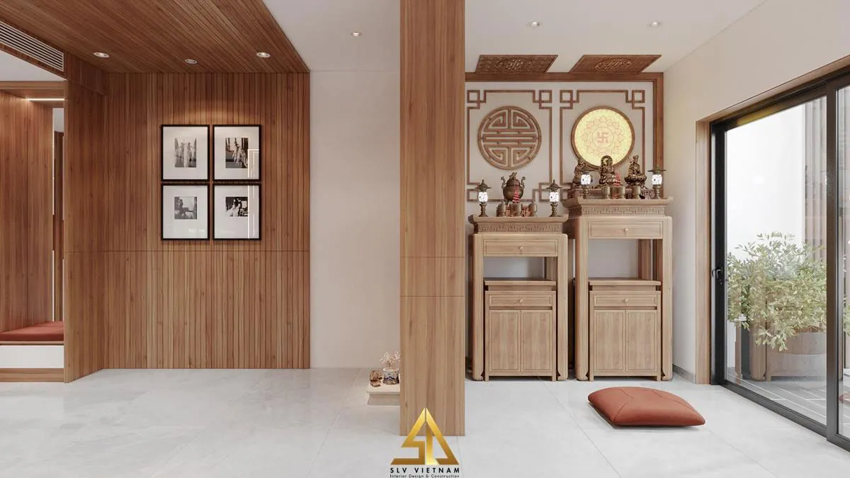 Bố trí bàn thờ gỗ cho không gian phòng khách hiện đại (Dự án của SLV Vietnam)