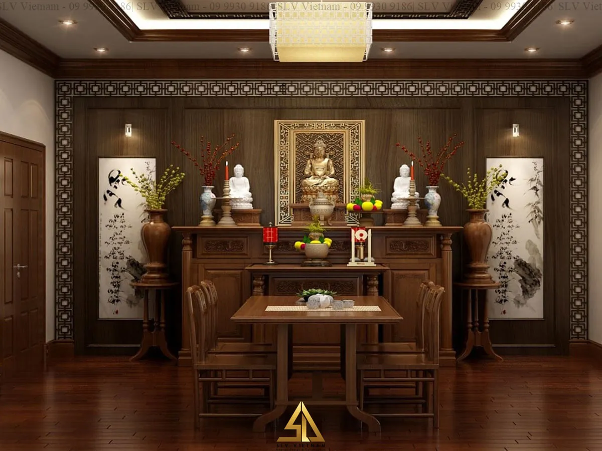 Bố trí nội thất phòng khách có bàn thờ kiểu đối xứng ấn tượng