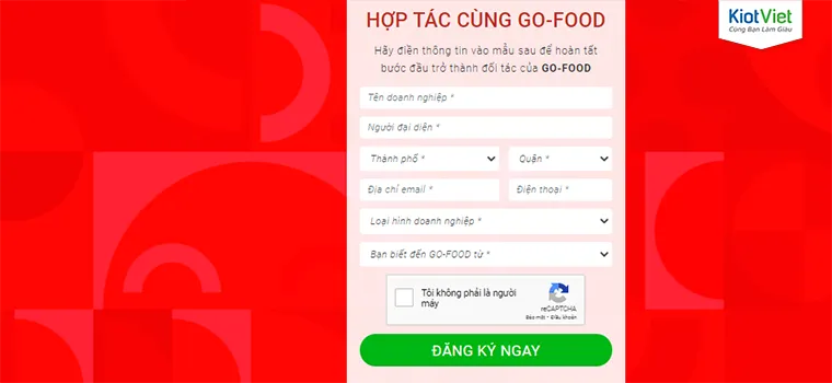 Giao diện đăng ký đối tác Go Food đơn giản và rõ ràng
