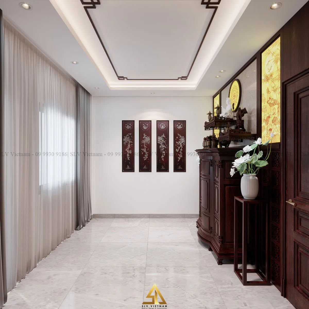 Đặt bàn thờ tại hành lang liên thông phòng khách (Dự án của SLV Vietnam)