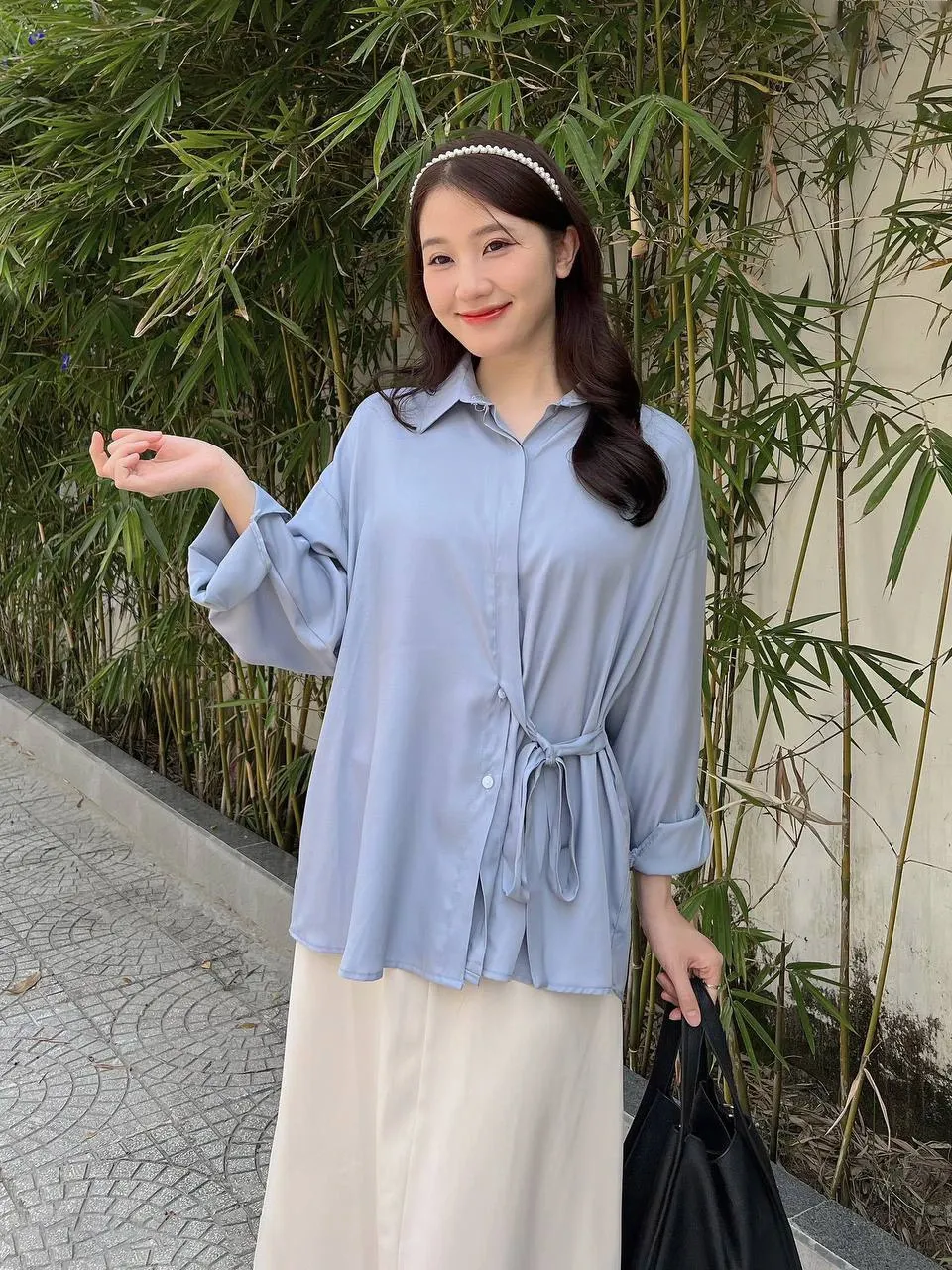 Áo sơ mi tay dài thắt dây bên eo
