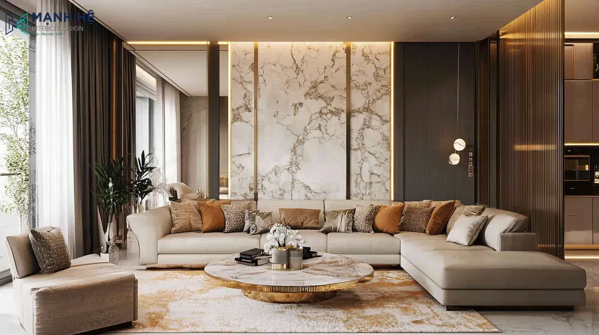 Mẫu gương to phòng khách vô cùng đẹp mắt đặt cạnh cửa sổ giúp tạo hiệu ứng thị giác kết hợp cùng vách ốp đá marble cùng đường phào chỉ lâm tăng thêm vẻ sang trọng