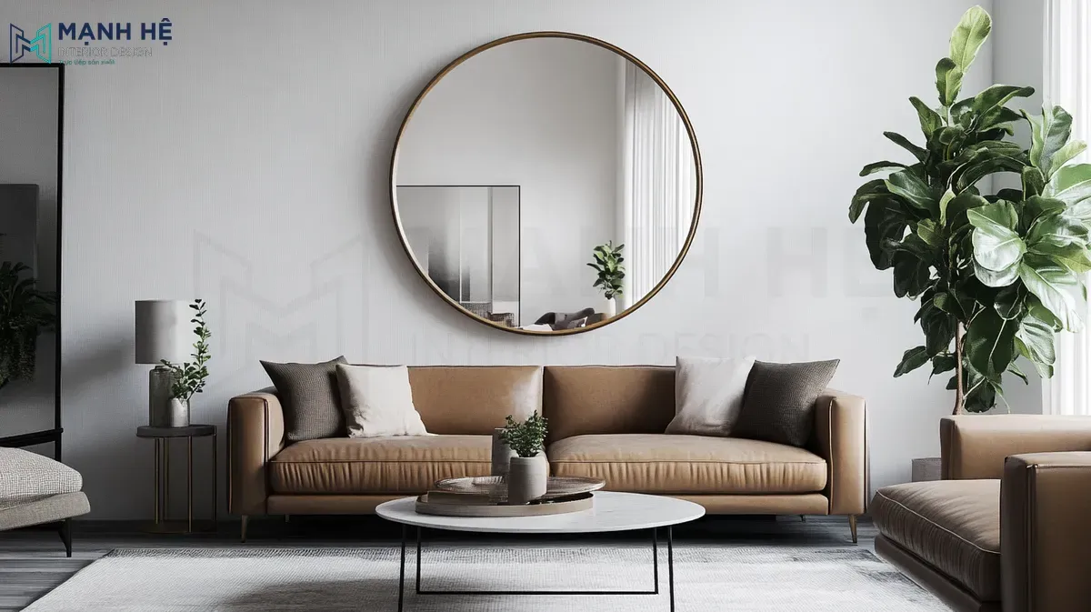 Mẫu gương tròn trang trí phòng khách cỡ lớn viền khung kim loại vô cùng cuốn hút kết hợp cùng chậu cây góc phòng giúp không gian trở nên sinh động hơn