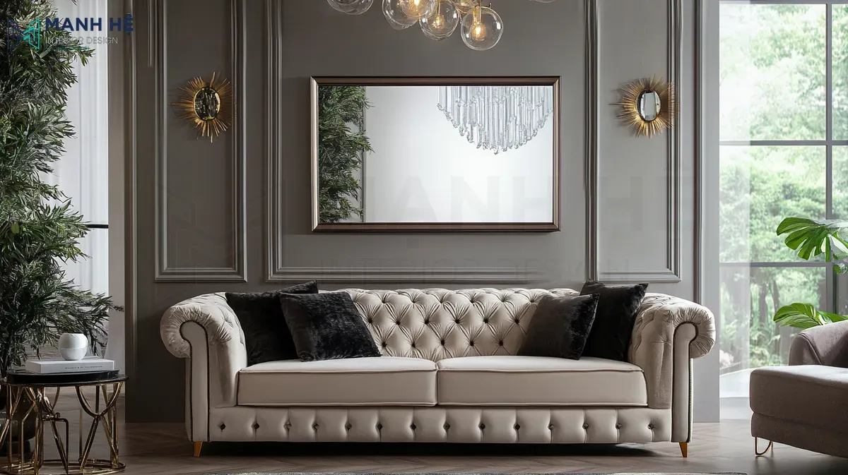 Mẫu gương decor phòng khách cỡ vừa đặt sau sofa tạo cảm giác không gian rộng mở cùng bộ sofa bọc da mang đậm tinh thần tân cổ điển