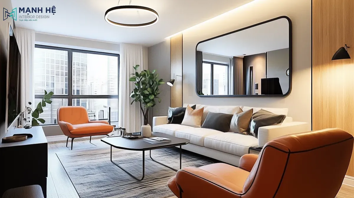 Mẫu gương trang trí hình chữ nhật kết hợp cùng đèn led âm mang đến tổng thể phòng khách thêm phần ấm cúng và bố trí thêm hệ rèm cửa mềm mại giúp gia chủ dễ dàng điều chỉnh ánh sáng
