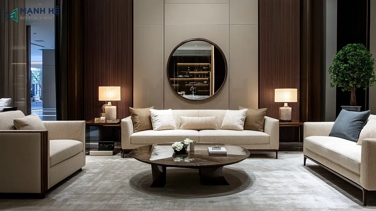 Gương treo phòng khách với đường nét thanh mảnh đầy thanh lịch chuẩn với tinh thần phong cách hiện đại kết hợp với đèn trang trí hai bên tạo hiệu ứng thị giác trở nên rộng rãi hơn