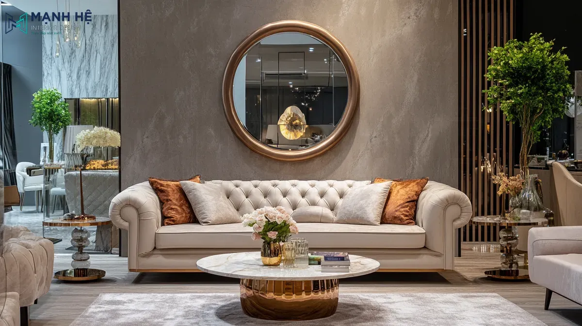 Mẫu gương hình trong viền khung kim loại ánh vàng vô cùng lôi cuốn kết hợp hài hòa với phần vách ốp đá vân mây đẹp mắt