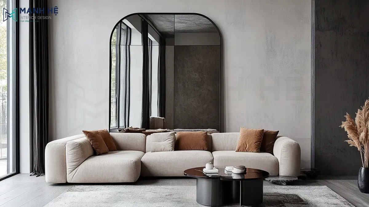 Mẫu gương trang trí phòng khách hình vòm tạo hiệu ứng mềm mại, nhẹ nhàng cho không gian cùng điểm nhấn bàn trà mặt đá mang đến vẻ đẹp thanh lịch
