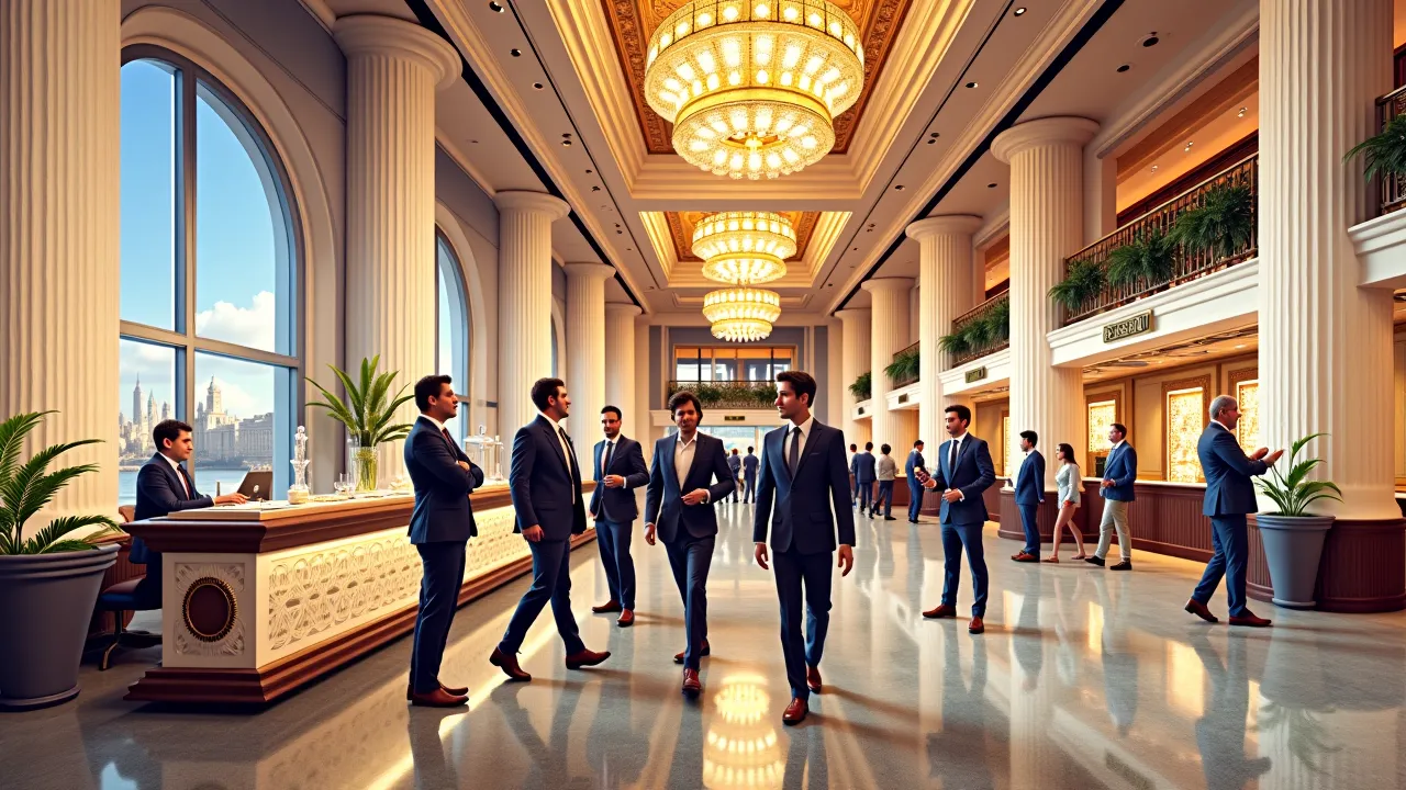 Nhân viên buồng phòng đang sắp xếp tiện nghi trong phòng khách sạn sang trọng