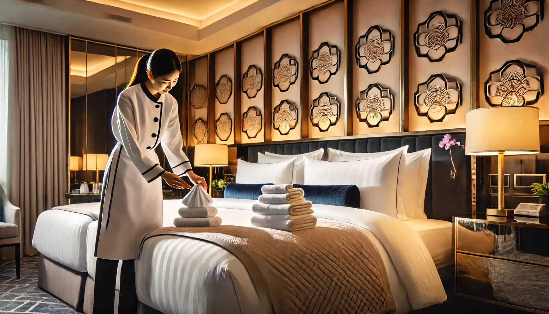 Nhân viên buồng phòng đang chuẩn bị phòng khách sạn cao cấp với tiêu chuẩn 5 sao