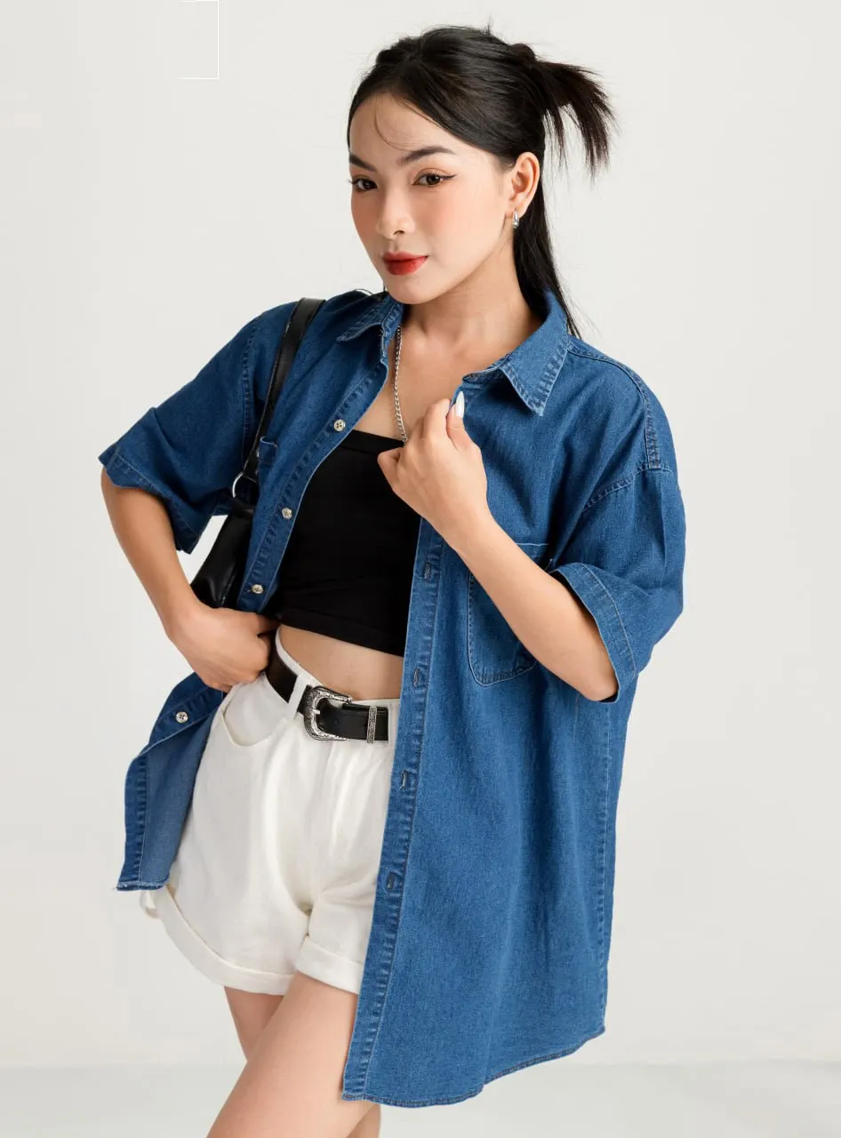 Áo sơ mi jeans form rộng 2 túi