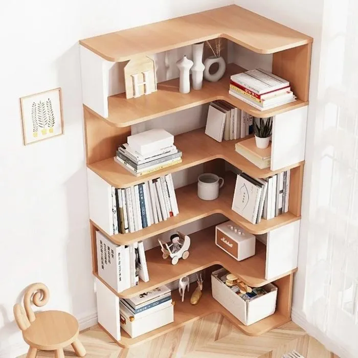 Kệ sách bằng gỗ thiết kế gấp khúc để góc nhà