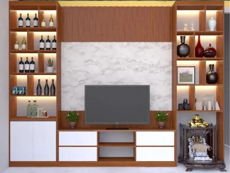 Kệ đá kết hợp gỗ công nghiệp bền bỉ, mang tính nghệ thuật