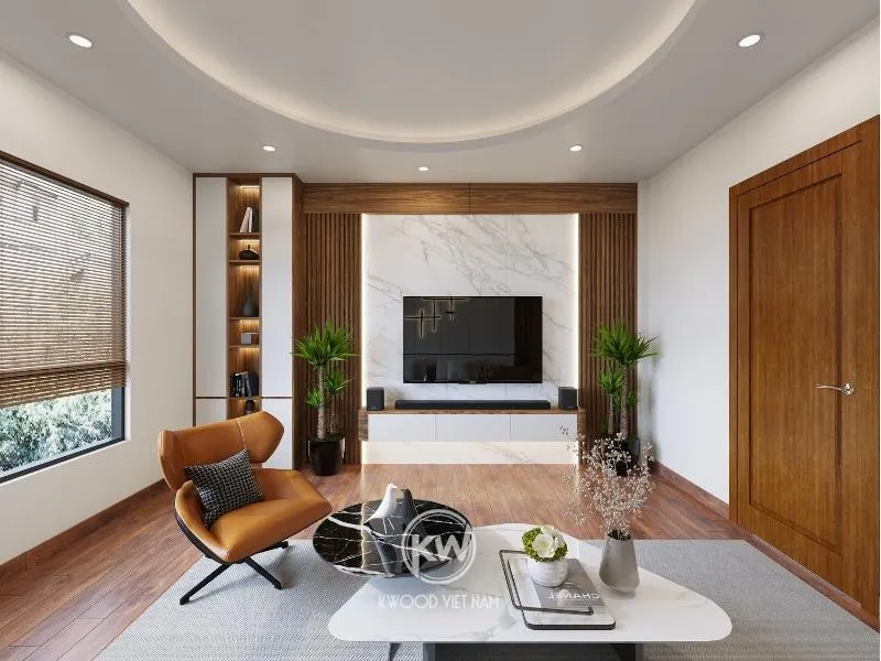 Thiết kế thi công vách ngăn kệ tivi đẹp tại Kwood Việt Nam