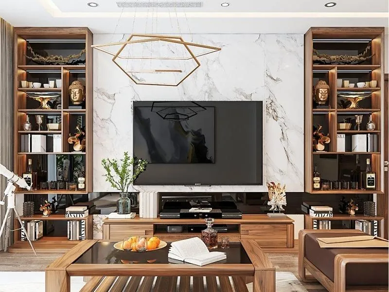 Vách ngăn kết hợp gỗ và đá mang phong cách sang trọng