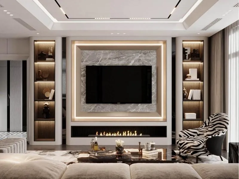 Thiết kế vách ngăn kệ tivi đồng bộ với không gian