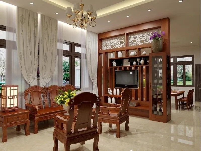 Vách ngăn kệ tivi gỗ tự nhiên mang đến sự ấm áp