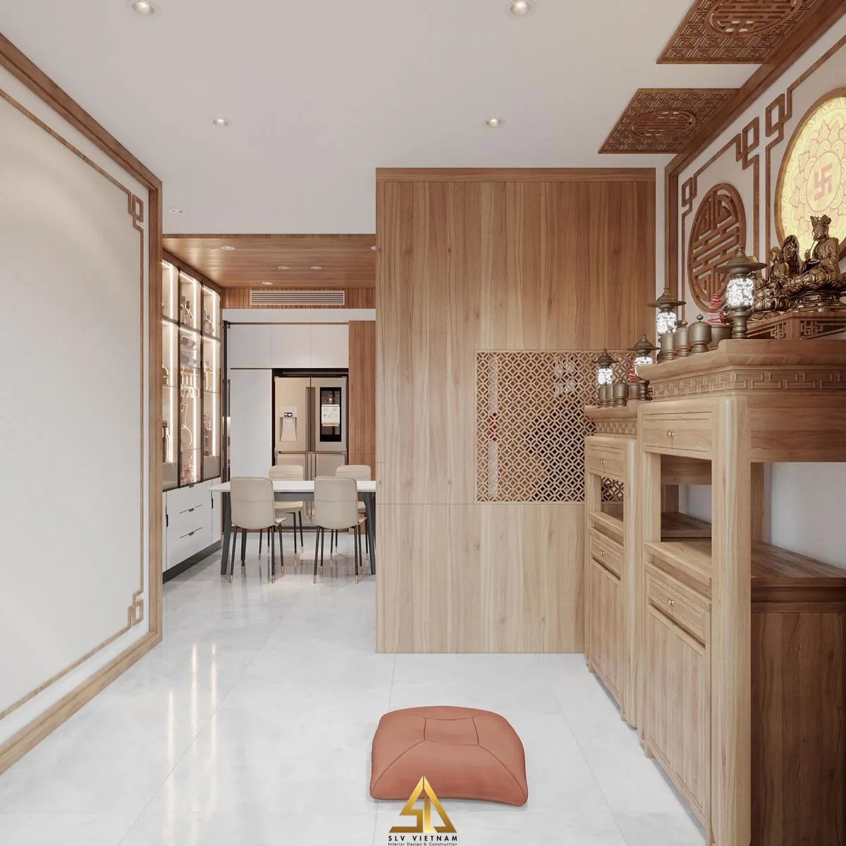 Không gian mở giữa phòng khách có bàn thờ và bếp (Dự án của SLV Vietnam)