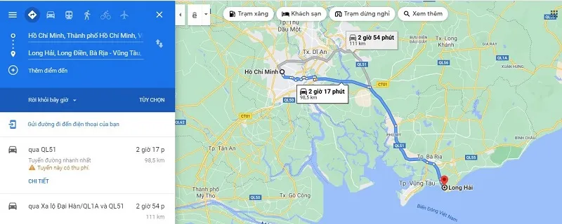 Cung đường di chuyển từ thành phố Hồ Chí Minh đến Long Hải