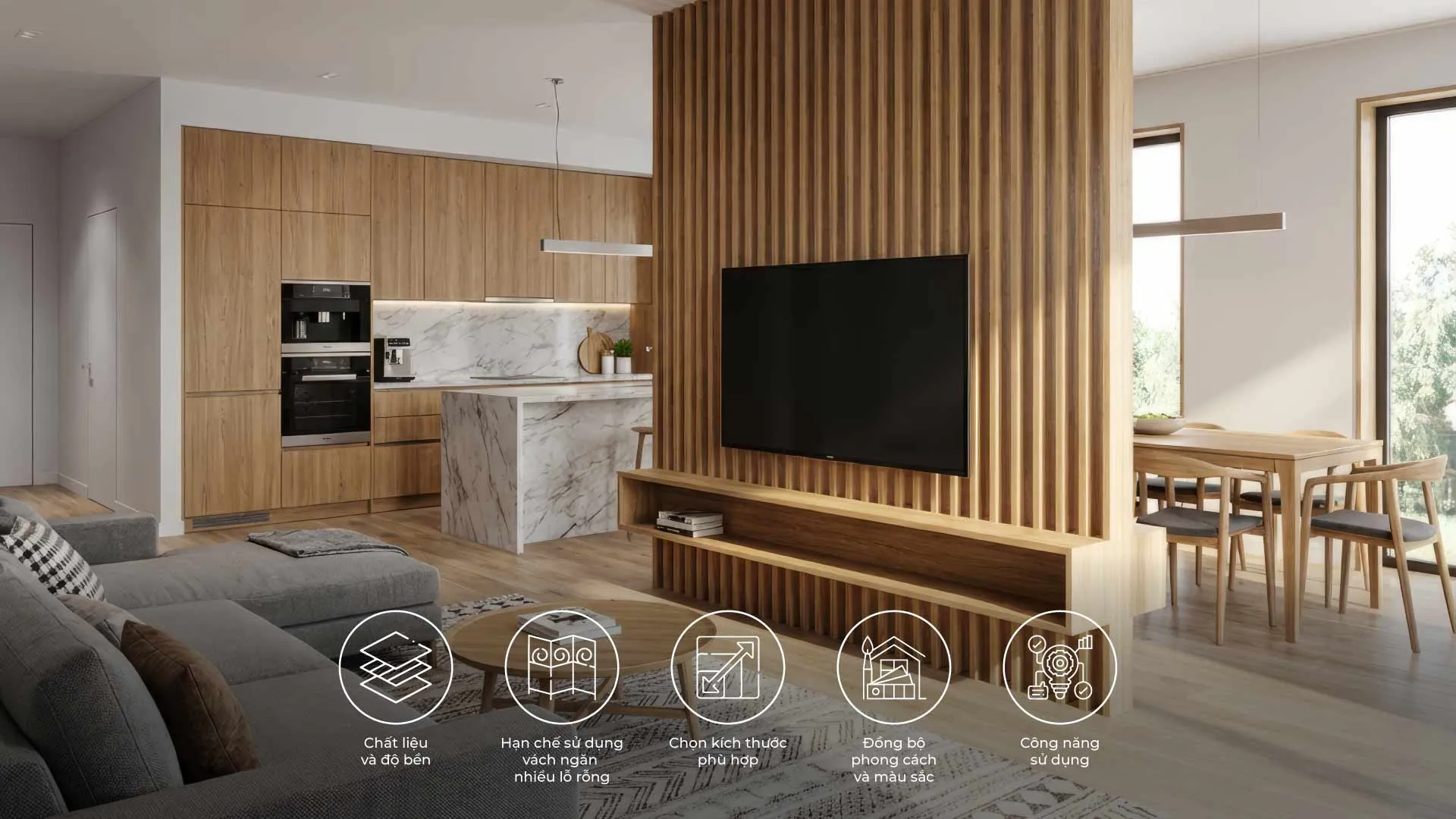 lưu ý khi lựa chọn vách ngăn phòng khách và phòng bếp