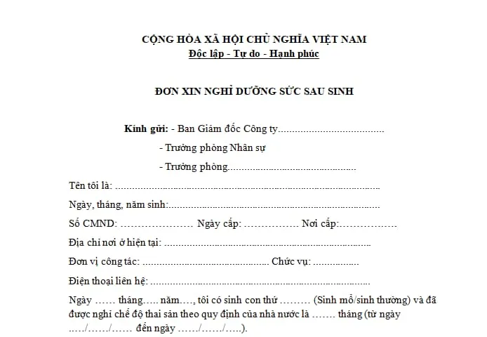 Mẫu đơn nghỉ dưỡng sức sau sinh