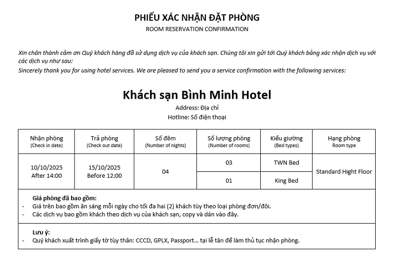 Mẫu phiếu xác nhận đặt phòng cho khách lẻ