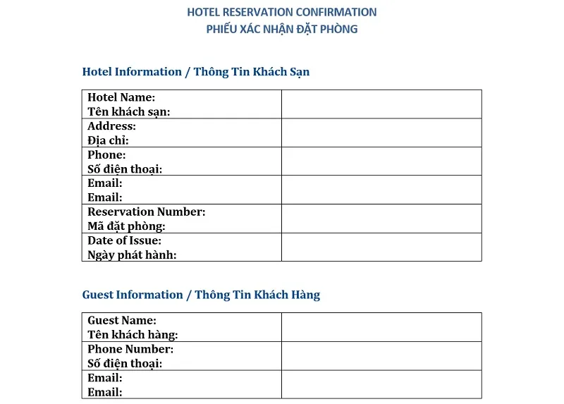Mẫu phiếu xác nhận đặt phòng khách sạn tiếng Anh