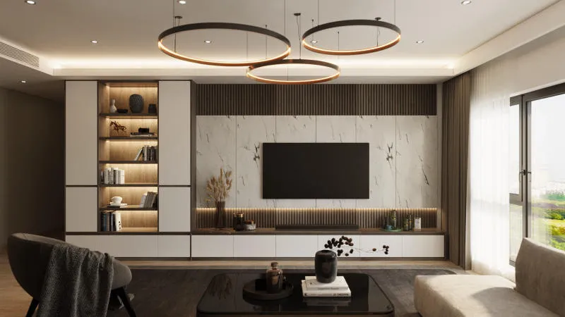 Tủ âm tường phòng khách bằng nhôm kính