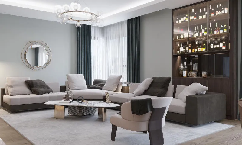 Mẫu tủ âm tường phòng khách đẹp kết hợp tủ rượu