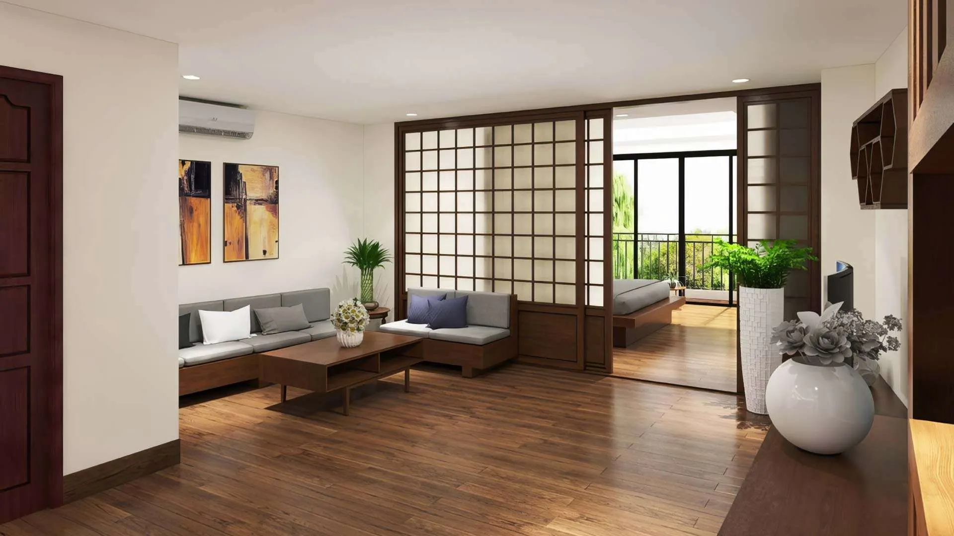 mẫu vách kiểu Nhật bằng gỗ và giấy mờ