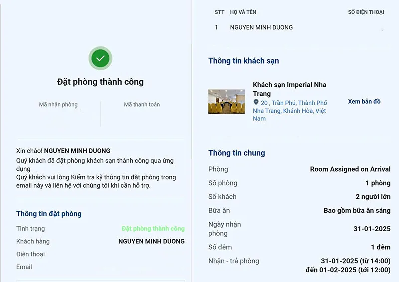 Phiếu xác nhận đặt phòng khách sạn online
