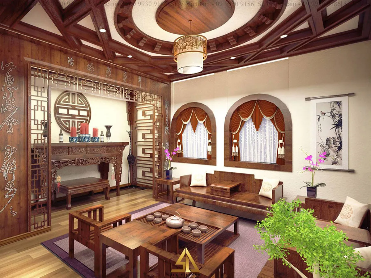 Phòng khách có bàn thờ cổ điển làm bằng chất liệu gỗ cao cấp