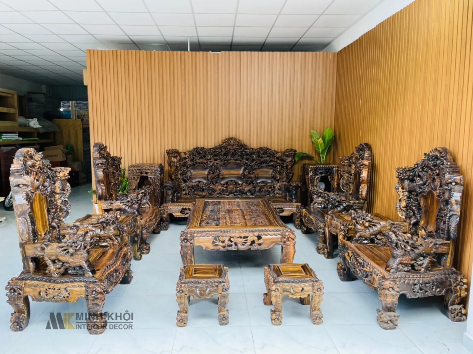 Bàn Ghế Gỗ Mun Đen 12 Món Chạm Cửu Long Đẳng Cấp - SL6789