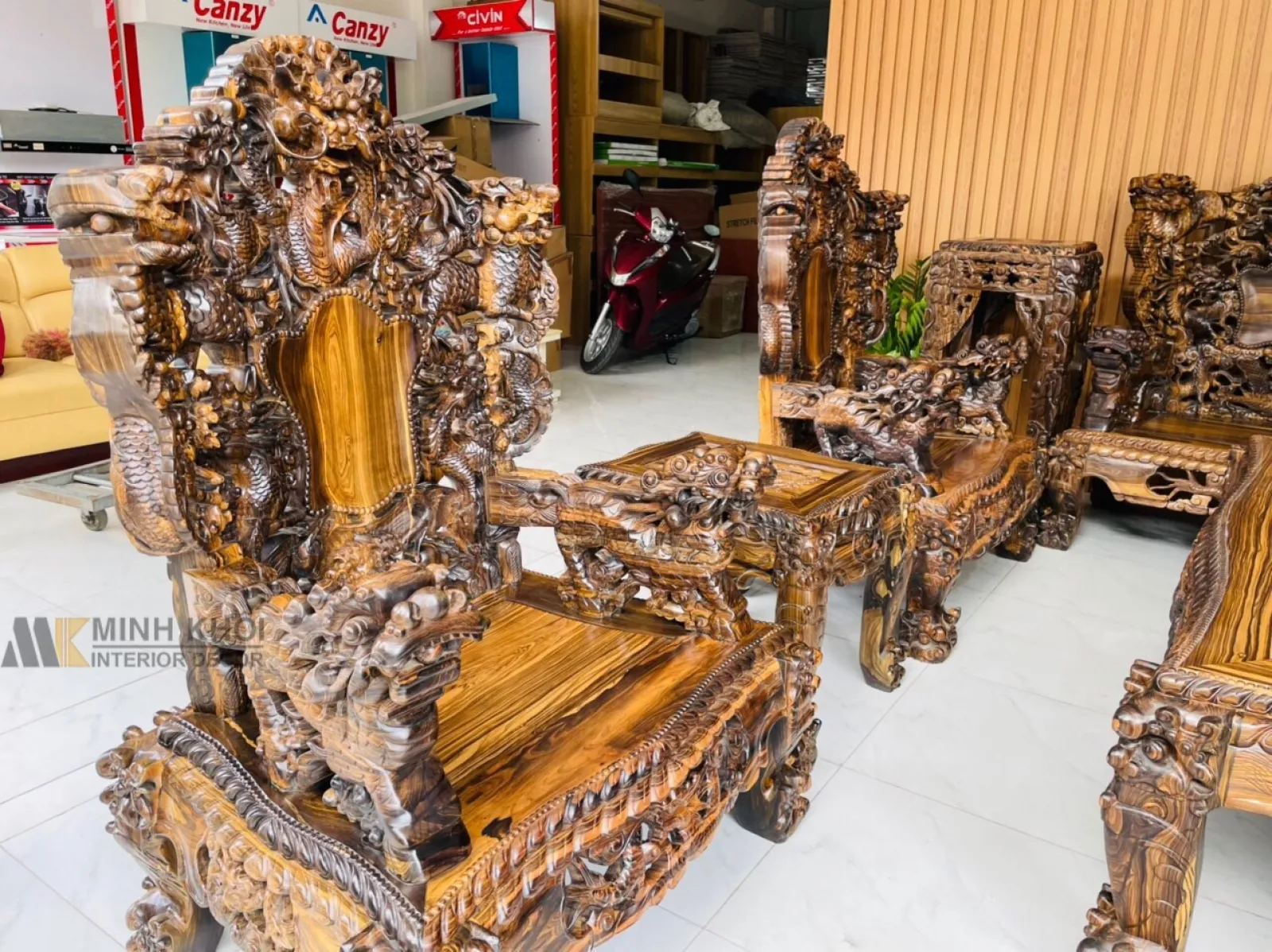 Bàn Ghế Gỗ Mun Đen 12 Món Chạm Cửu Long Đẳng Cấp - SL6789