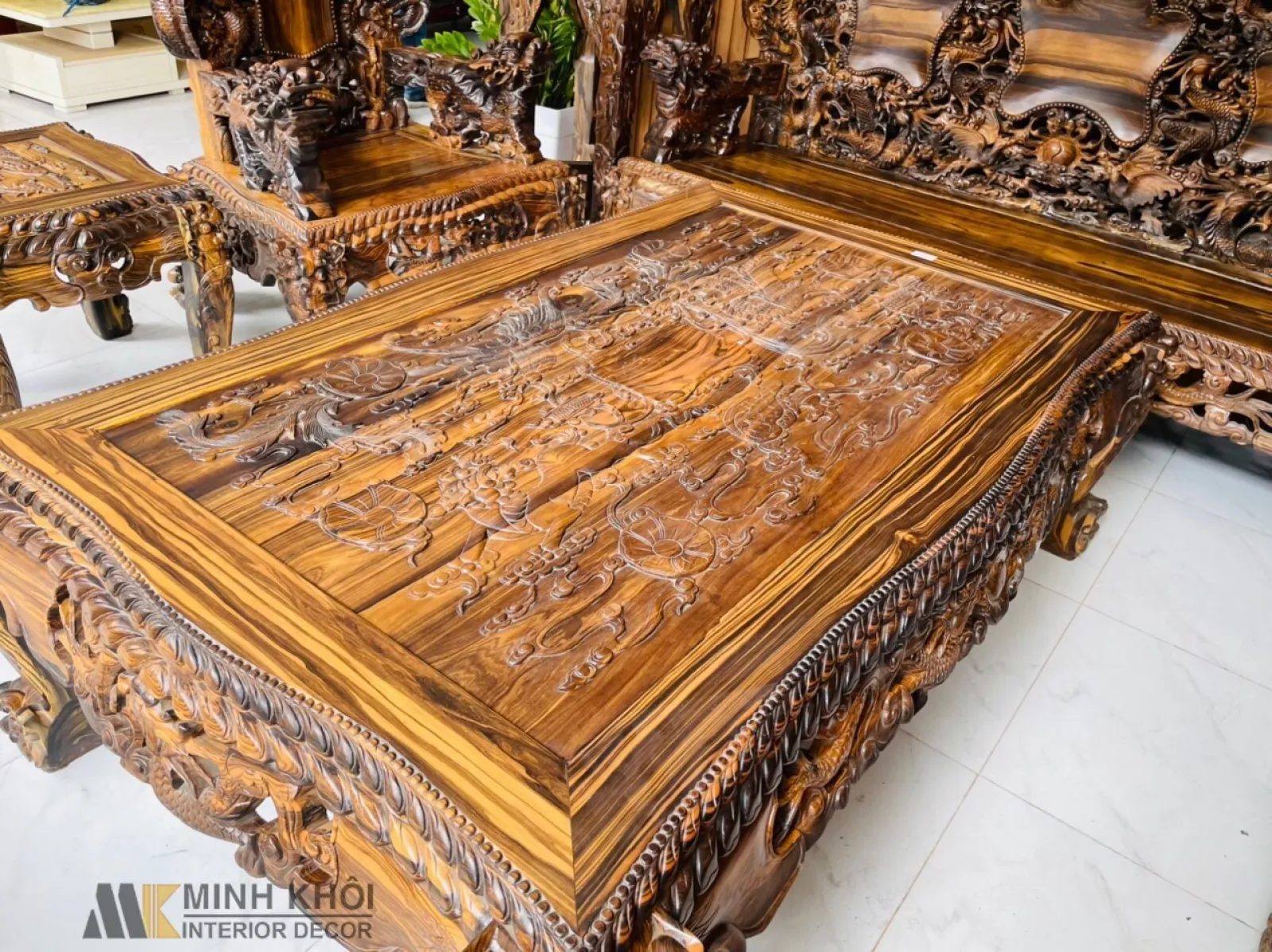 Bàn Ghế Gỗ Mun Đen 12 Món Chạm Cửu Long Đẳng Cấp - SL6789