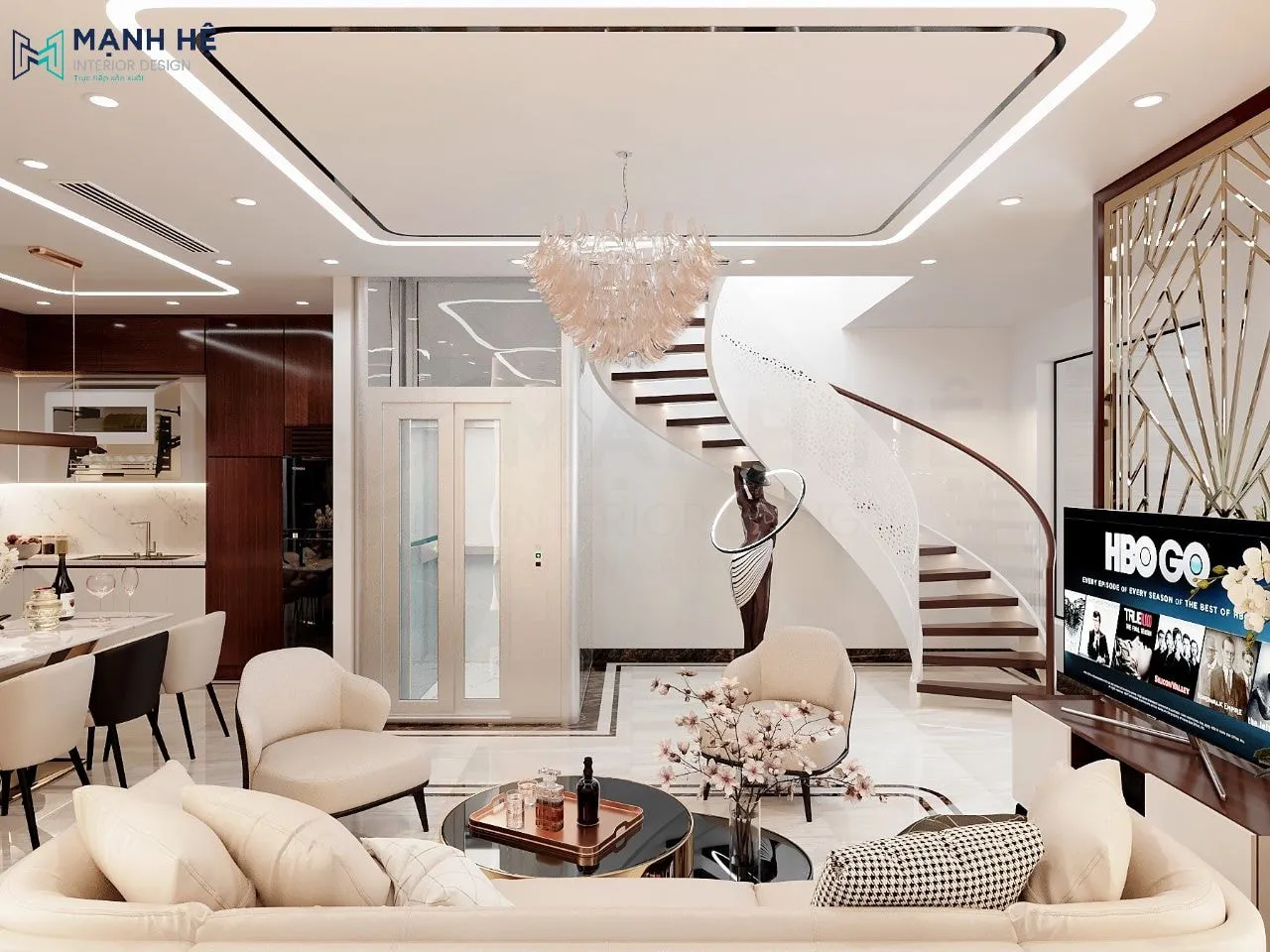 Phần vách tivi được ốp gương cùng đường viền ánh kim vô cùng sang trọng kết hợp cung gam màu trung tính của phòng khách tạo nên vẻ đẹp vô cùng tinh tế