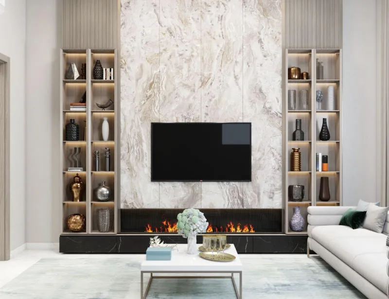 Tủ âm tường giúp cho không gian phòng khách trở nên gọn gàng và thẩm mỹ