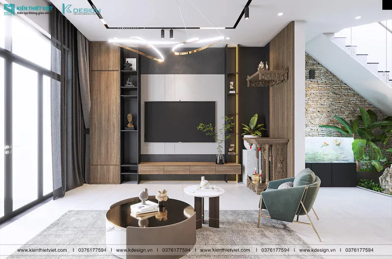Thiết kế tủ âm tường phòng khách kết hợp kệ tivi