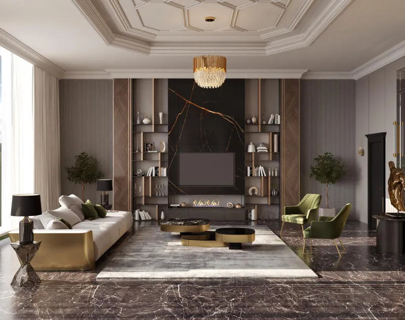 Tủ kệ âm tường phòng khách với thiết kế ấn tượng