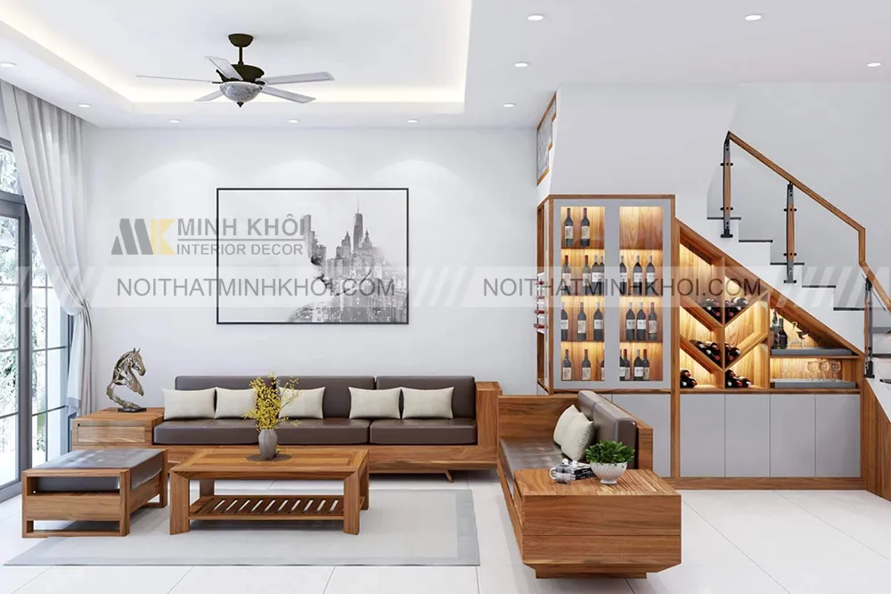 Tủ rượu âm tường đơn giản nhỏ gọn dưới chân cầu thang