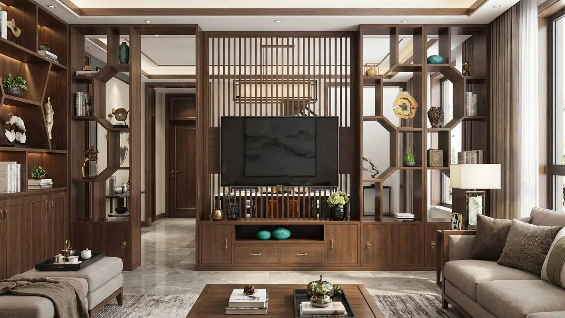 vách ngăn bếp bằng gỗ công nghiệp kết hợp bàn tivi hiện đại