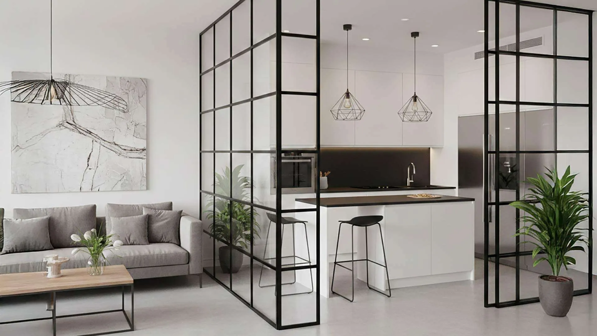 vách ngăn phòng khách và bếp bằng nhôm kính